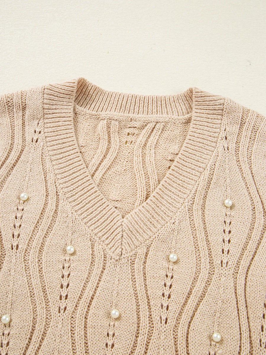 Pearl Beaded Pointelle Knit V Neck Lace Patchwork Sleeve Sweater - CELIVINE
