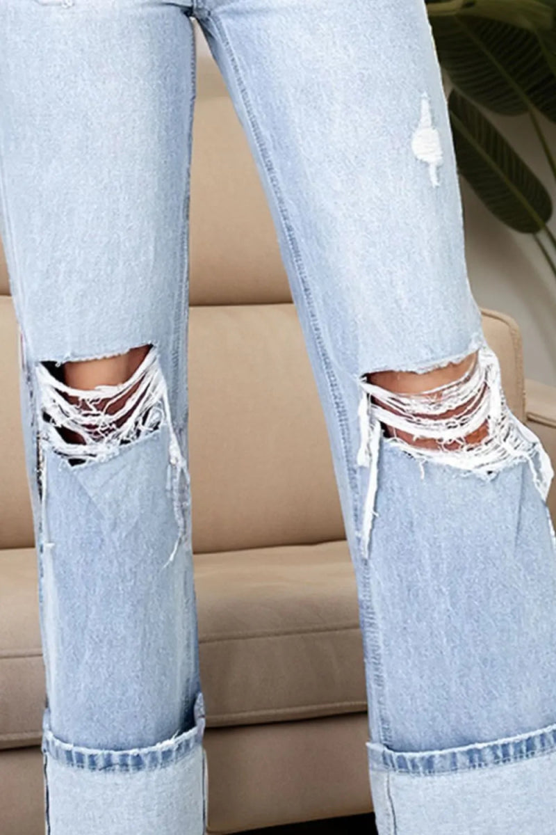 Distressed High Waist Jeans with Pockets - CELIVINE