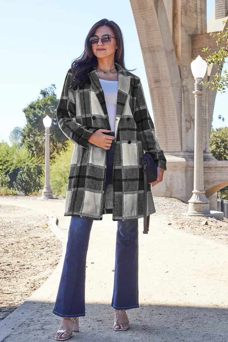 Double Take Full Size Plaid Button Up Lapel Collar Coat - CELIVINE