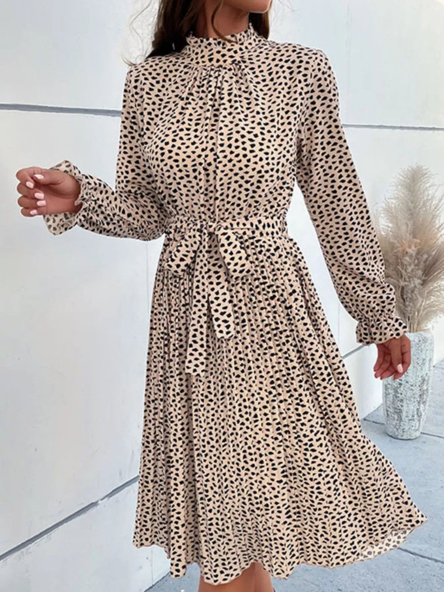 Animal Print Mock Neck Flounce Sleeve Dress - CELIVINE
