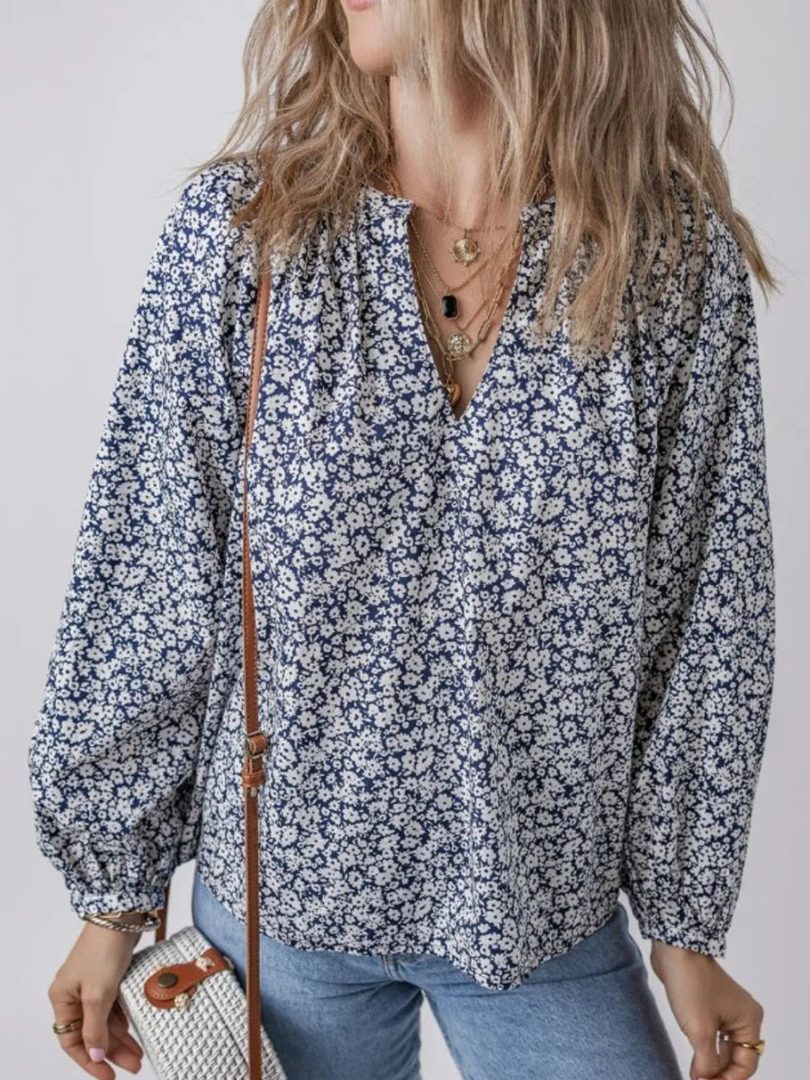 Floral Print Notched Long Sleeve Blouse - CELIVINE