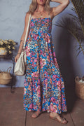 Floral Smocked Spaghetti Straps Wide Leg Jumpsuit - CELIVINE