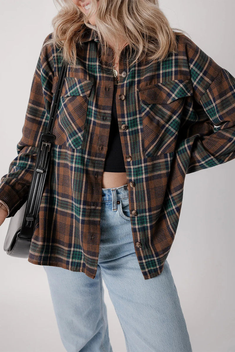 Plaid Button Up Long Sleeve Jacket - CELIVINE