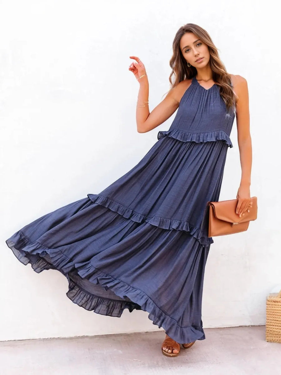 Ruffled Sleeveless Tiered Maxi Dress with Pockets - CELIVINE