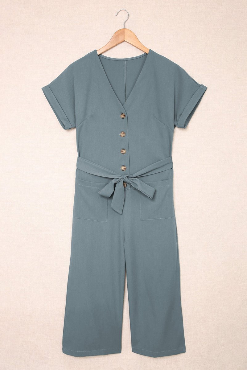 Tie - Waist Buttoned Cropped Jumpsuit - CELIVINE
