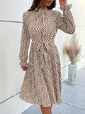 Animal Print Mock Neck Flounce Sleeve Dress - CELIVINE