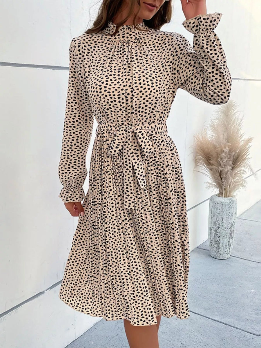 Animal Print Mock Neck Flounce Sleeve Dress - CELIVINE