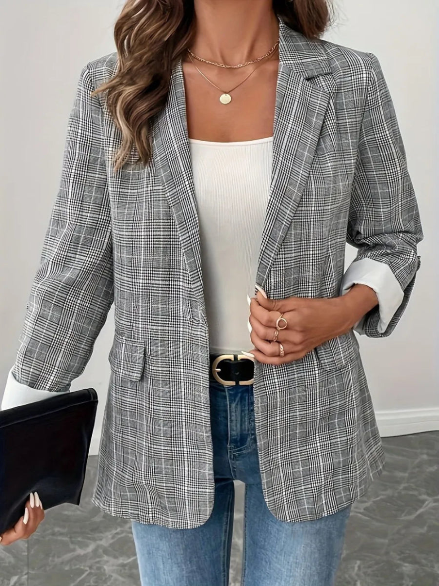 Single - Breasted Lapel Collar Plaid Blazer - CELIVINE