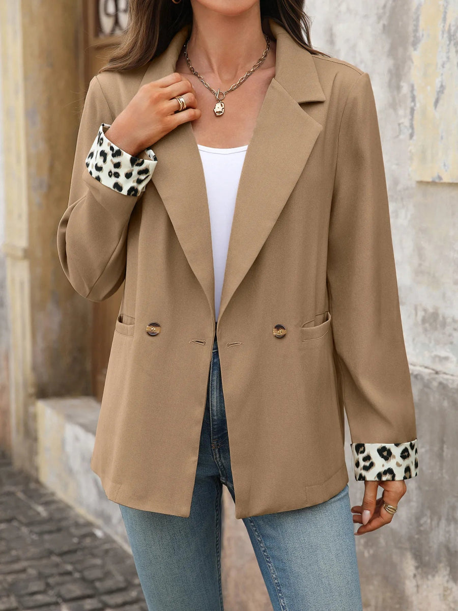 Lapel Collar Leopard Cuff Long Sleeve Blazer - CELIVINE
