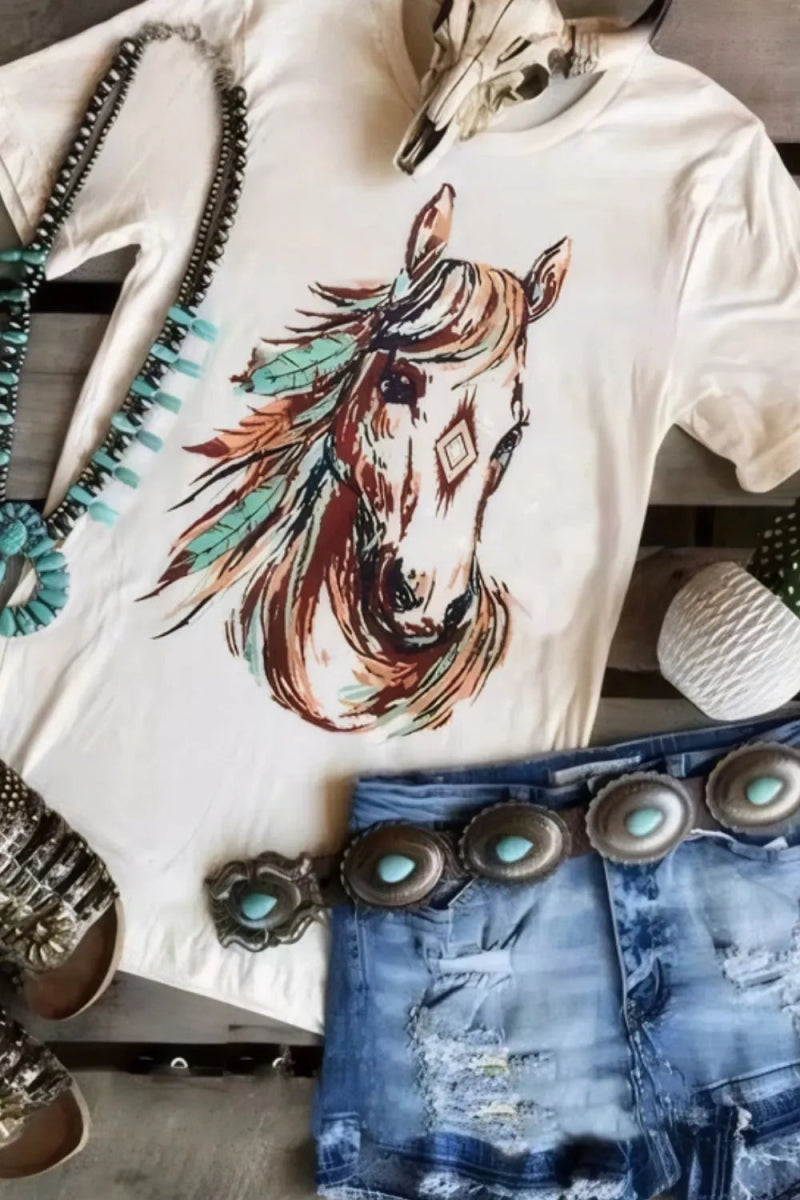 Western Aztec Horse Graphic Tee - CELIVINE