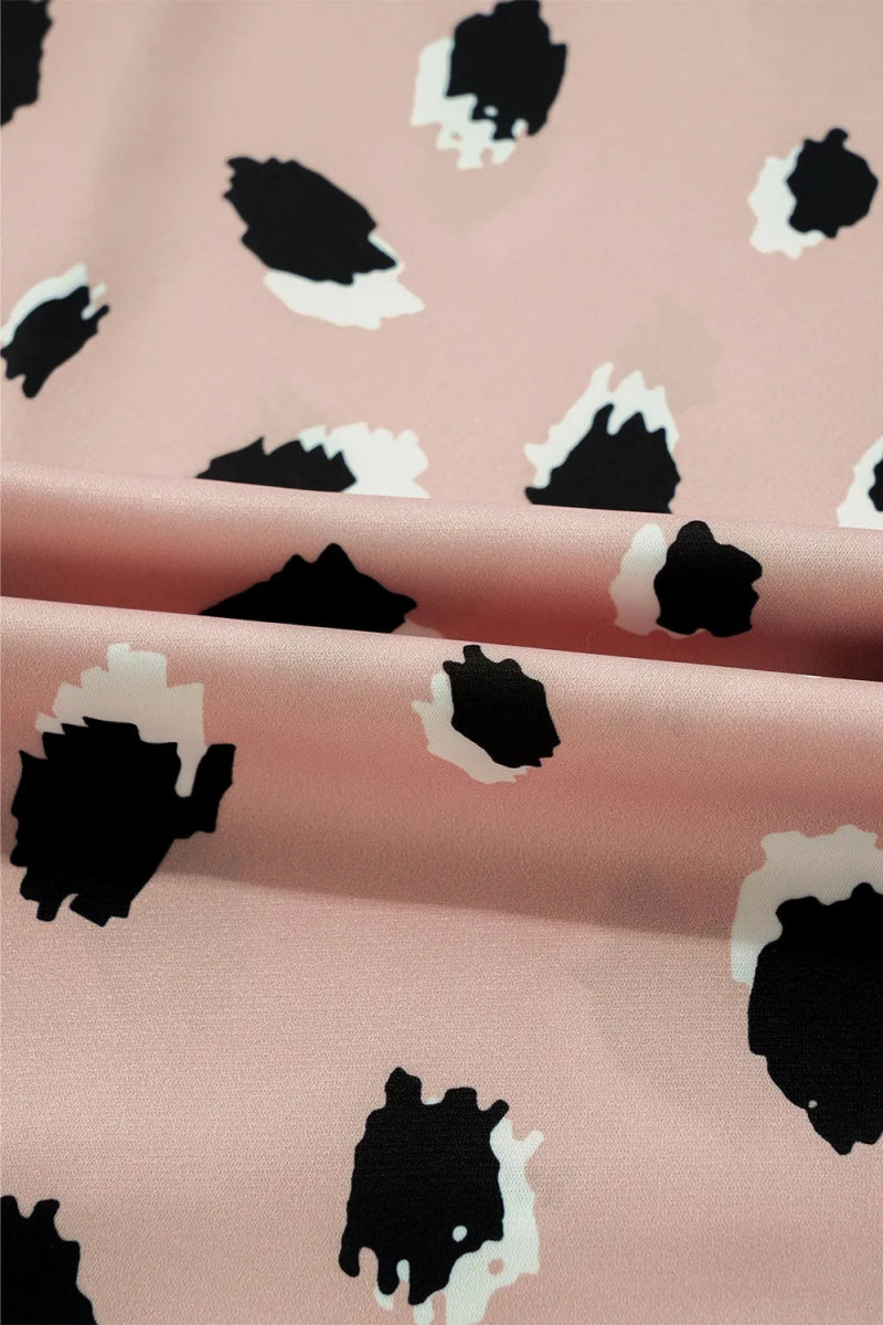 Contrast Animal Print V - Neck Long Sleeve Blouse - CELIVINE