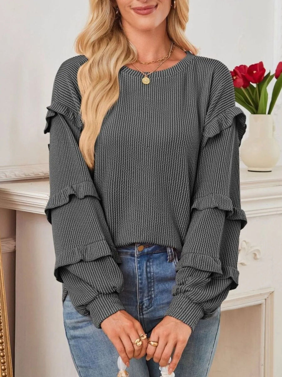 Ruffled Round Neck Long Sleeve Sweatshirt - CELIVINE