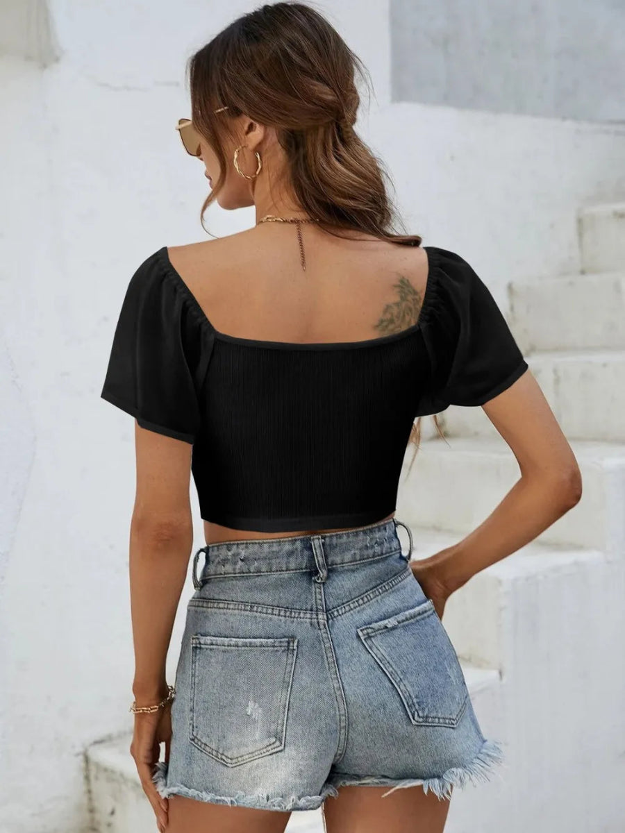 Drawstring Short Sleeve Crop Top - CELIVINE