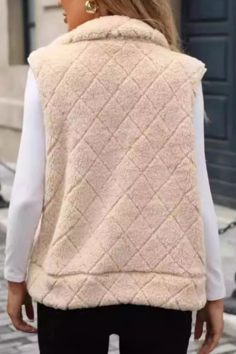 Fuzzy Plaid Texture Zip Up Vest Coat - CELIVINE