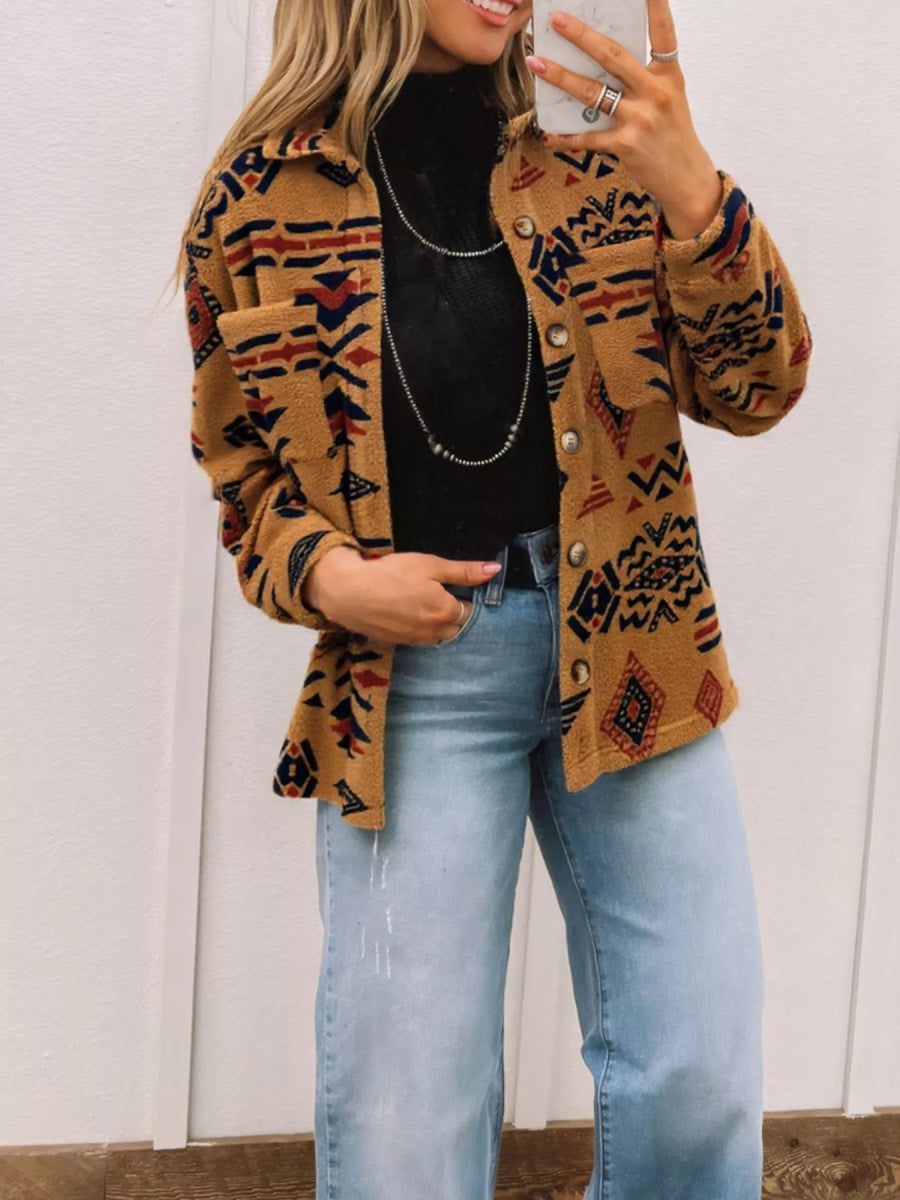 Western Aztec Pattern Fleece Button - Up Shacket - CELIVINE