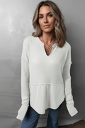 Waffle - Knit Exposed Seam Notched Long Sleeve Top - CELIVINE