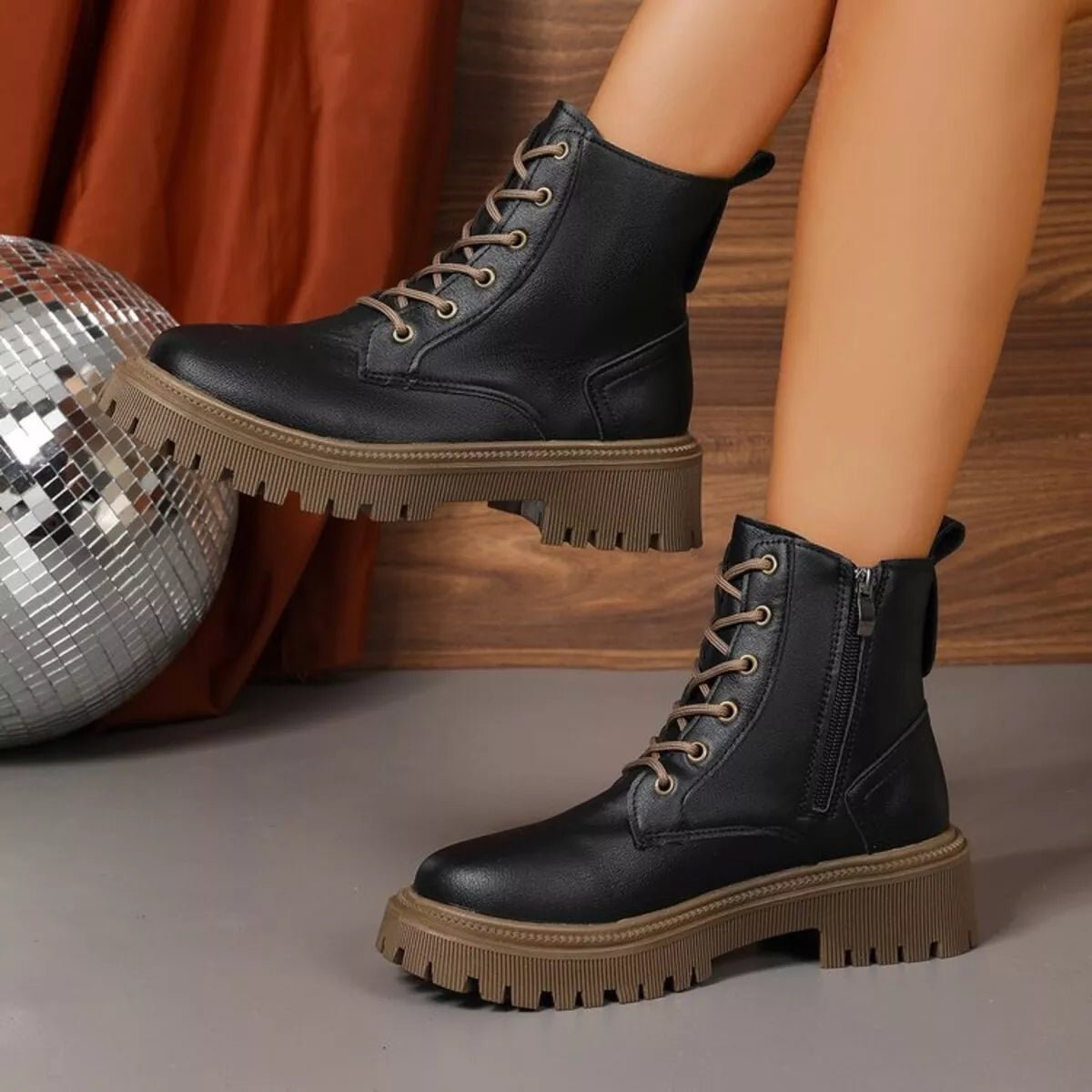 Lace Up Round Toe Boots - CELIVINE