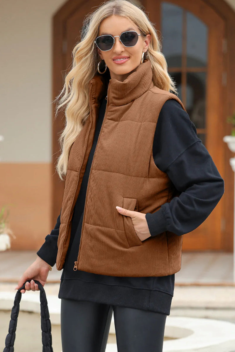 Pocketed Zip Up Turtleneck Vest Coat - CELIVINE