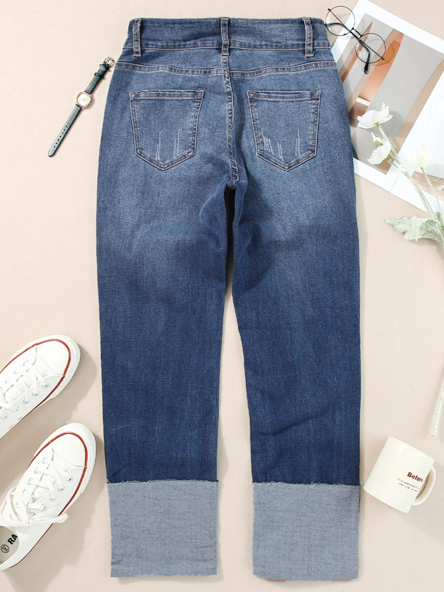 High Waist Distressed Straight Leg Jeans - CELIVINE