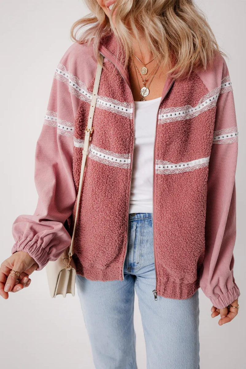 Lace Detail Zip Up Sherpa Patchwork Jacket - CELIVINE