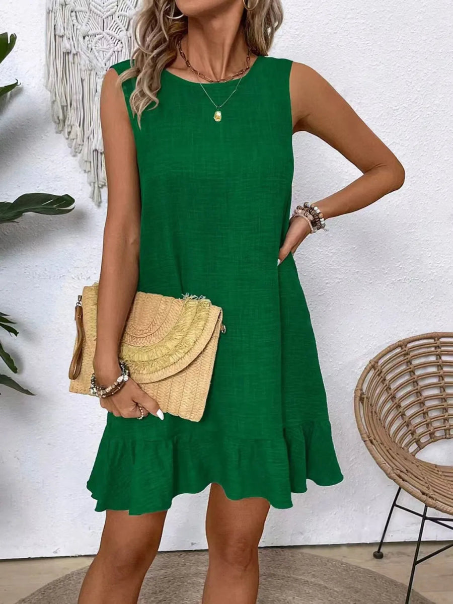 Ruffled Hem Round Neck Sleeveless Dress - CELIVINE