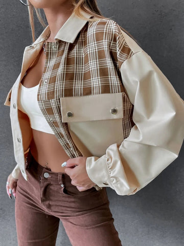 Snap Down Color Block Plaid Jacket - CELIVINE