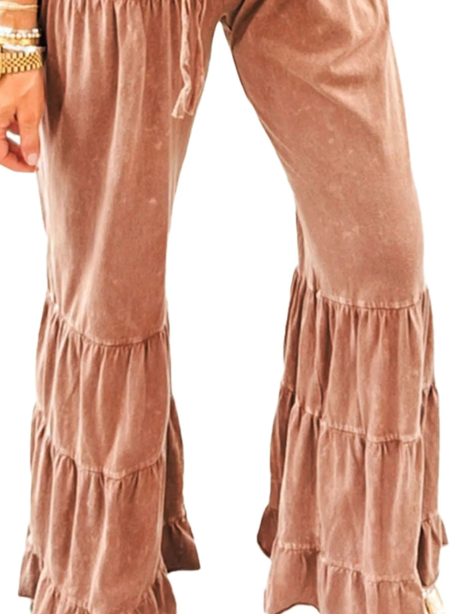 Drawstring Flare Ruffle Pants - CELIVINE