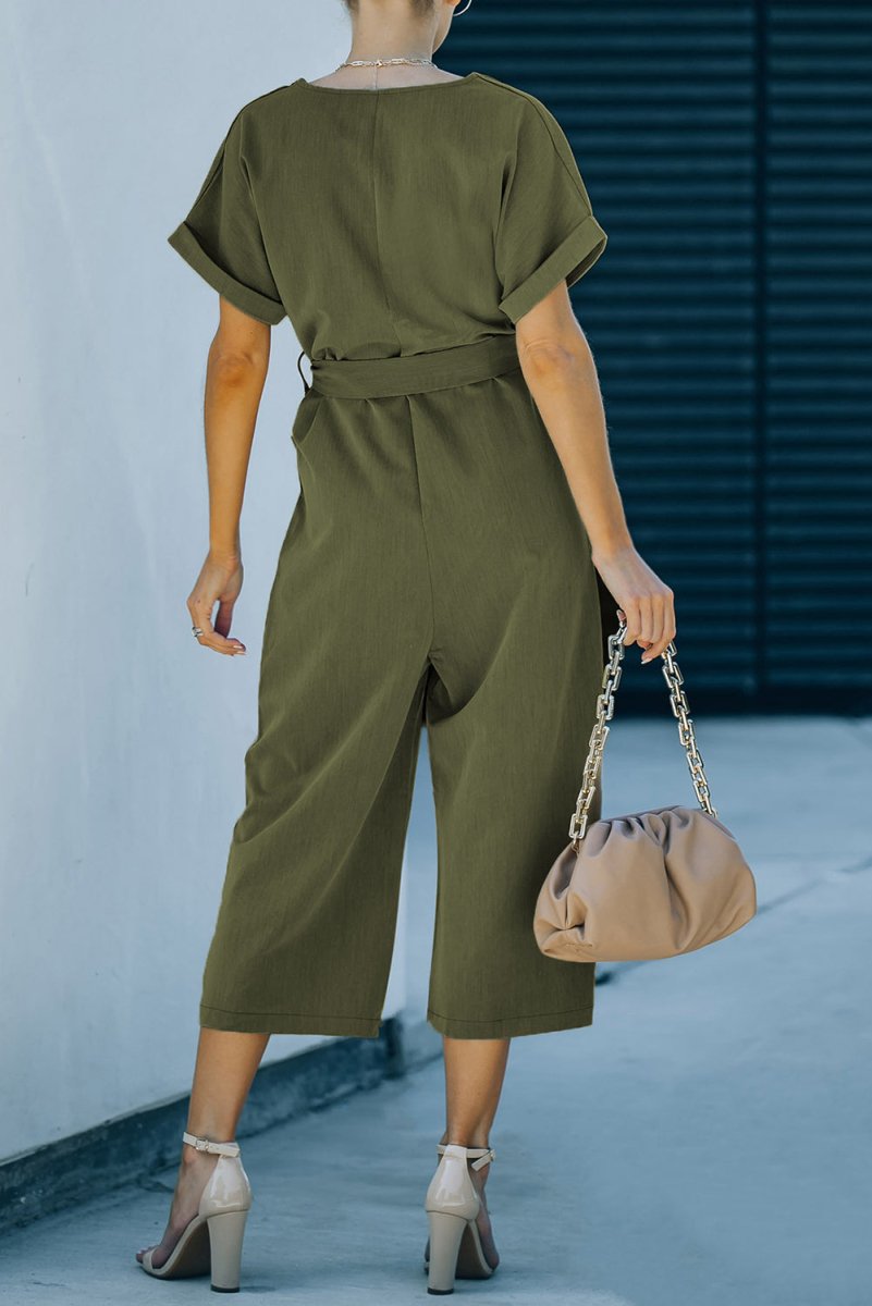 Tie - Waist Buttoned Cropped Jumpsuit - CELIVINE