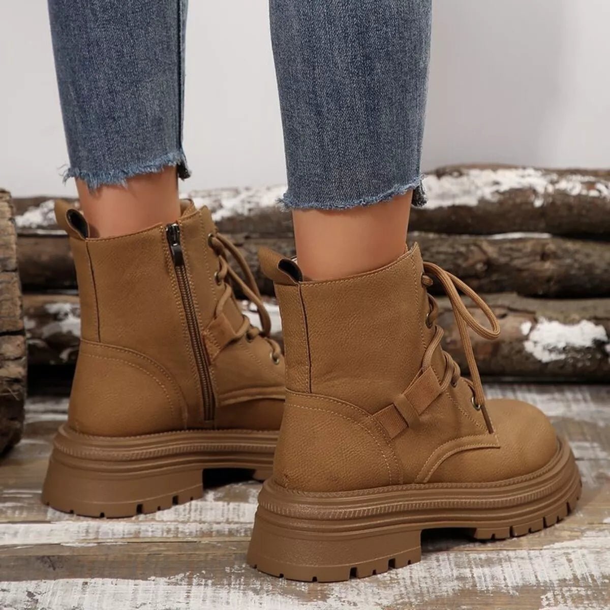 Round Toe Lace Up Platform Boots - CELIVINE