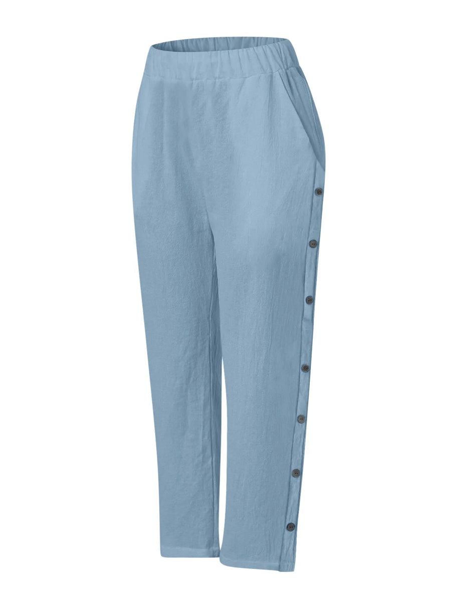 Full Size Side Decor Button Casual Wide Leg Pants Plus Size - CELIVINE