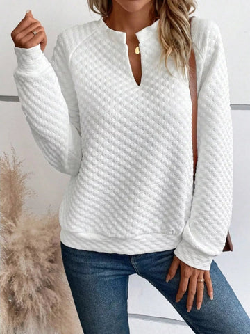 Quilted Texture Long Sleeve Sweatshirt with Notched Neck - CELIVINE