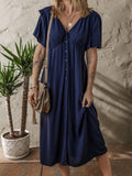 V Neck Buttoned Front Shirred Back Short Sleeve Midi Dress - CELIVINE