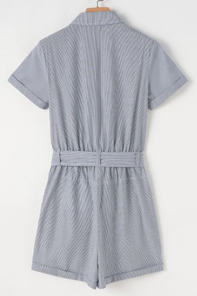 Stripe Chest Pockets Tie Waist Romper - CELIVINE