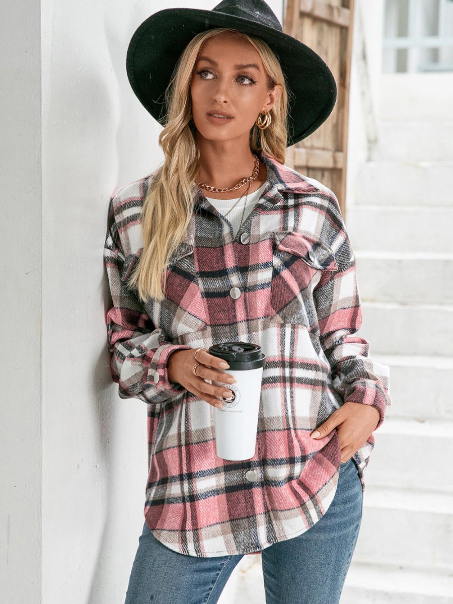 Ivy Lane Meet You Outside Plaid Button Down Curved Hem Shacket - CELIVINE