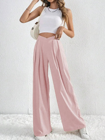 V - Waisted Ruched Front Wide Leg Pants - CELIVINE