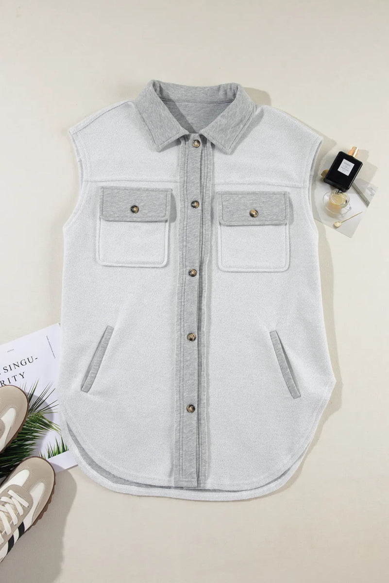 Pocketed Curved Hem Button Up Vest - CELIVINE