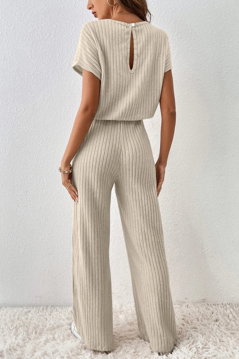 Ribbed Knit Wide Leg Jumpsuit - CELIVINE