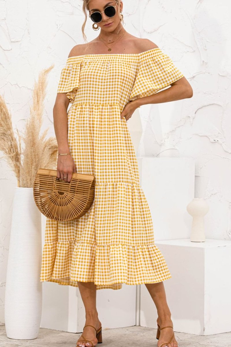 Plaid Off - Shoulder Tiered Midi Dress - CELIVINE