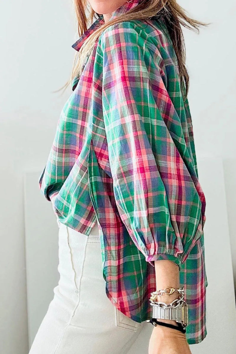 Plaid Collared Neck Three - Quarter Sleeve Shirt - CELIVINE