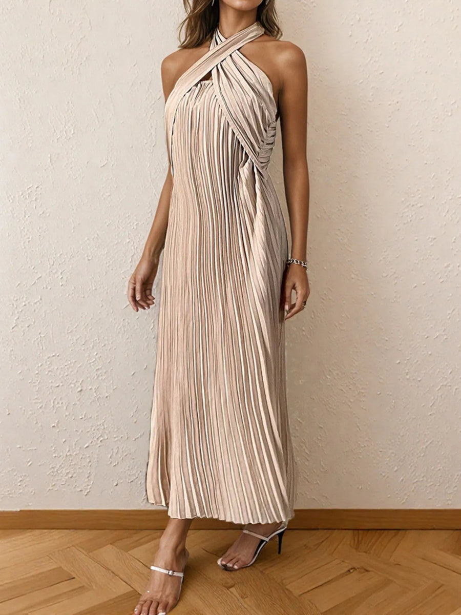Pleated Halter Neck Midi Dress - CELIVINE