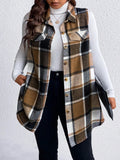 Honey Plus Size Pocketed Plaid Button Up Vest Coat - CELIVINE
