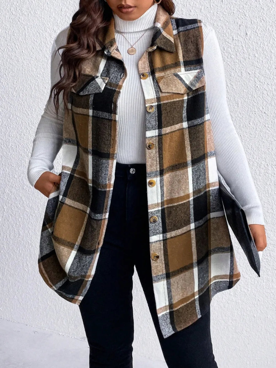 Honey Plus Size Pocketed Plaid Button Up Vest Coat - CELIVINE