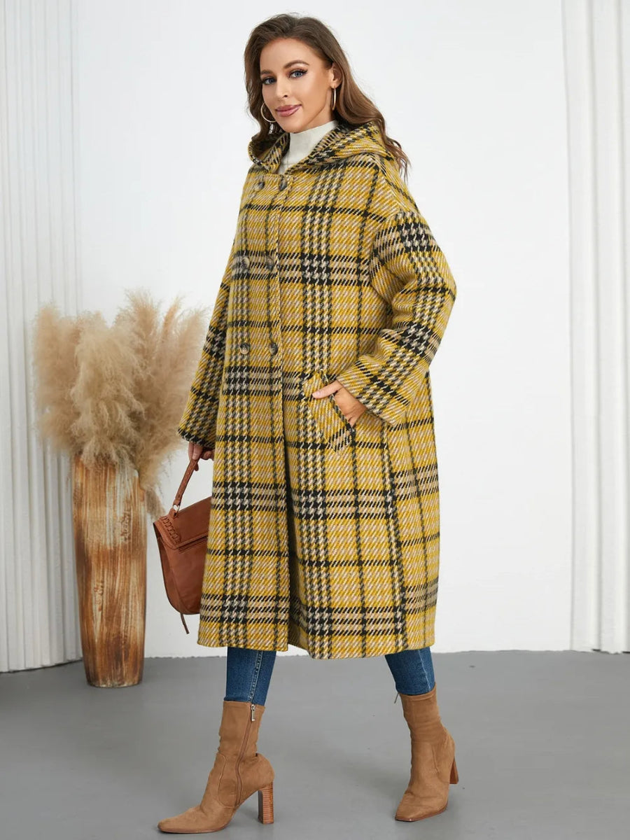 Plaid Double - Breasted Long Sleeve Longline Coat - CELIVINE