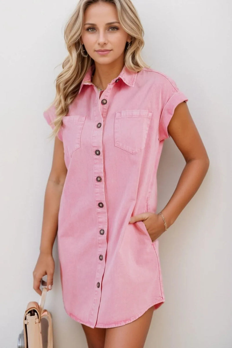 Button Down Short Sleeve Denim Dress - CELIVINE