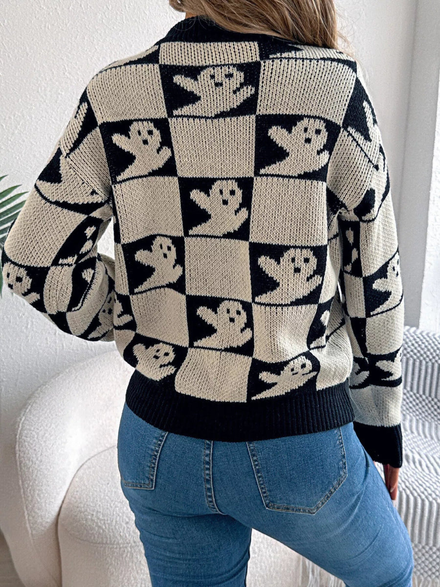 Halloween Ghost Pattern Checkered Round Neck Sweater - CELIVINE