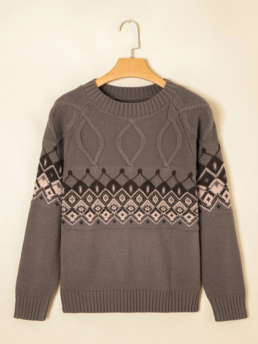 Geometric Round Neck Long Sleeve Sweater - CELIVINE