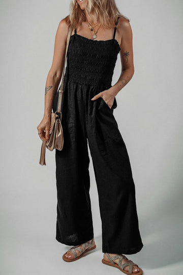 Smocked Spaghetti Straps Wide Leg Jumpsuit - CELIVINE
