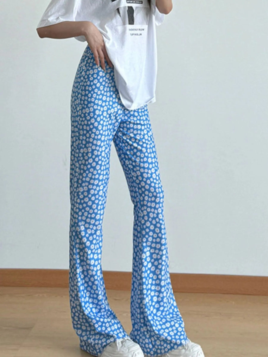 Floral Print Flare Leg Pants - CELIVINE