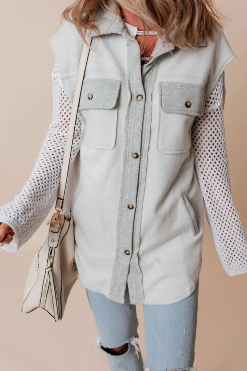 Pocketed Curved Hem Button Up Vest - CELIVINE