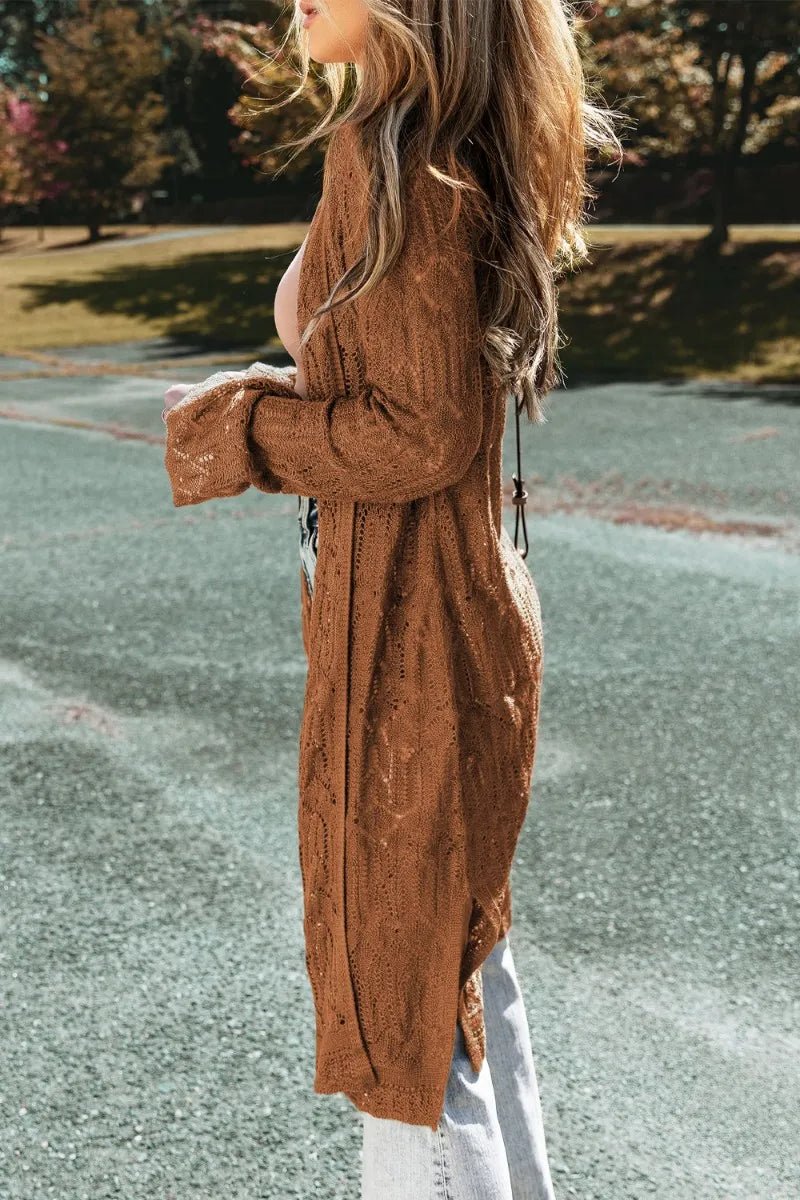 Openwork Open Front Long Sleeve Cardigan - CELIVINE